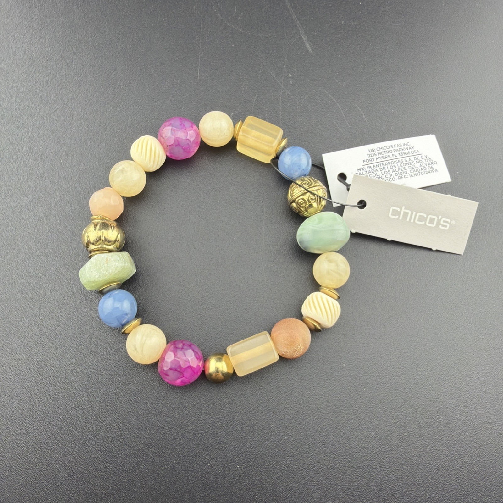 Chico's Stretch Beaded Bracelet Pink Green Gold Tone Statement One Size New Tags